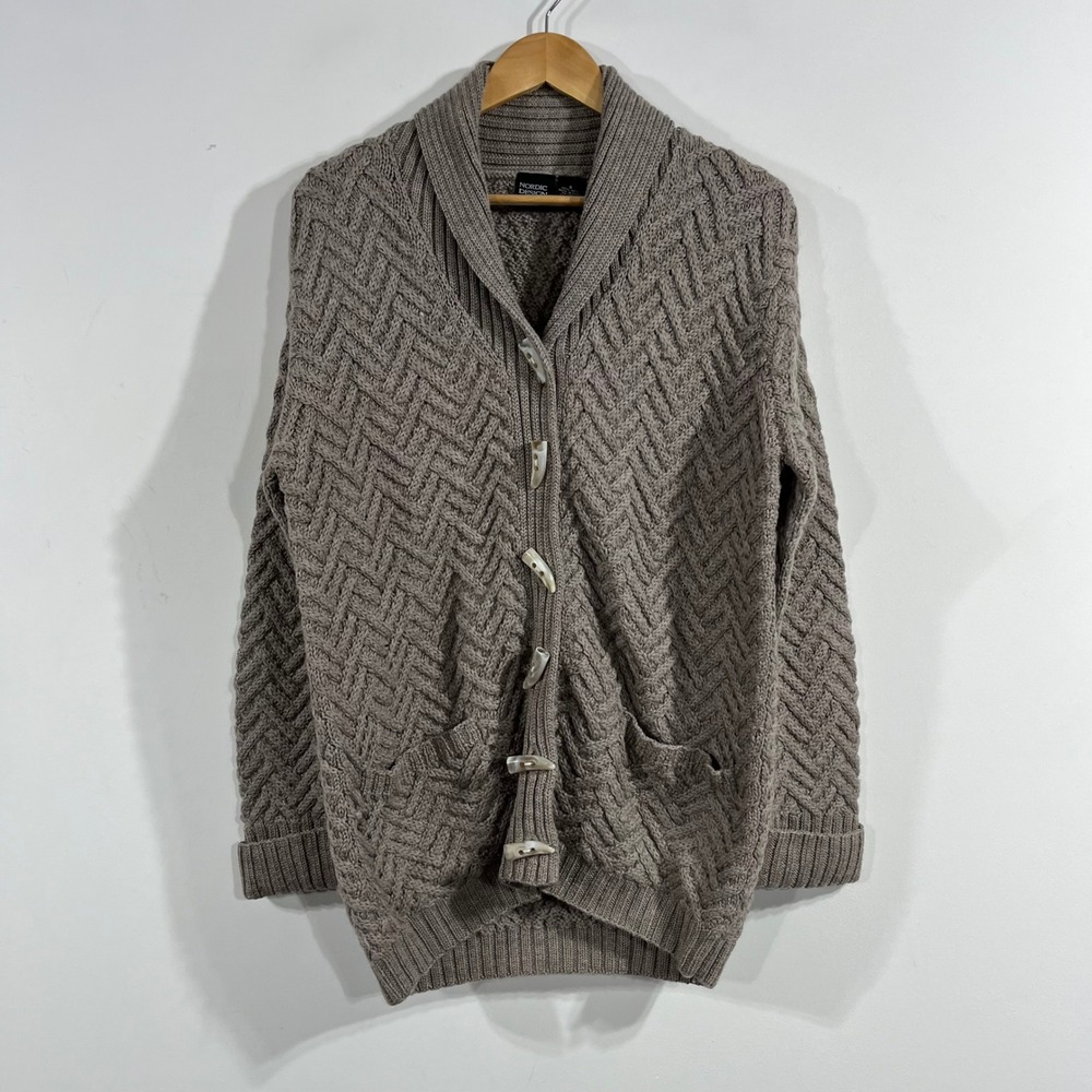 Nordic Fisherman Heritage Wool Shawl Collar Toggle Cardigan Sweater Brown Small